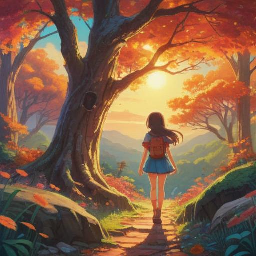 A whimsical scene capturing the essence of nostalgic memories, featuring a lucky charm symbolizing love and connection, warm sunlight filtering through trees, soft petals falling from blossoming flowers, a character holding the charm with a gentle smile, surrounded by a dreamy landscape, vibrant colors, emotional atmosphere, 4k