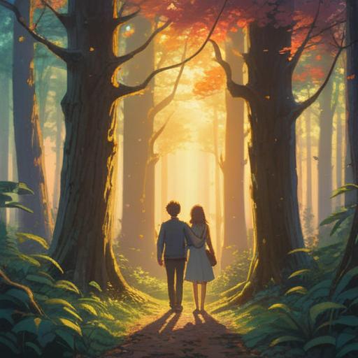 A spiritual and nostalgic scene of two people unexpectedly reuniting, warm sunlight filtering through trees, soft expressions on their faces, a sense of destiny in the air, gentle breeze swaying the leaves, emotional connection palpable, vibrant but soothing color palette, serene ambiance, intricate details in the environment, 4k