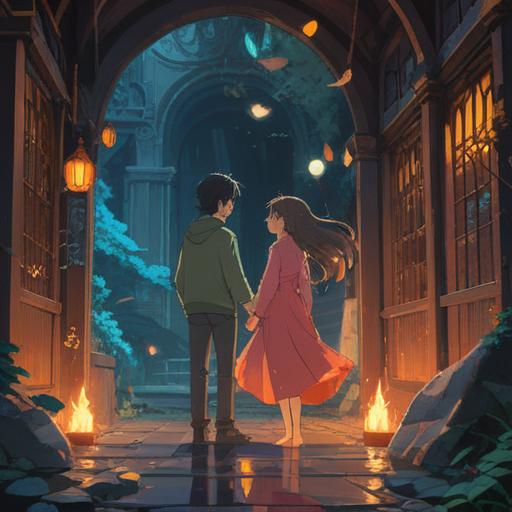 A serene moment of a chance reunion, mystical symbols in the background, warm light illuminating the scene, two figures embracing with surprise, subtle aura energy around them, nature elements like trees and flowers, signs of spiritual connection, emotional expressions, ethereal atmosphere, 4k