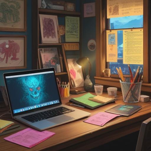 An organized summary displayed on a wooden desk, colorful sticky notes, an open laptop with a document on the screen, a cup of coffee nearby, calm and focused atmosphere, bright daylight coming through a window, minimalist decor, 4k