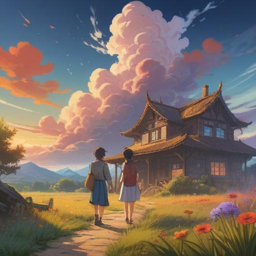 A spiritual depiction of reminiscing about old friends, ethereal light, dreamy landscapes, gentle wisps of clouds, warm nostalgic colors, silhouettes of figures communicating, a sense of togetherness and connection, serene atmosphere, soft focus, 4k