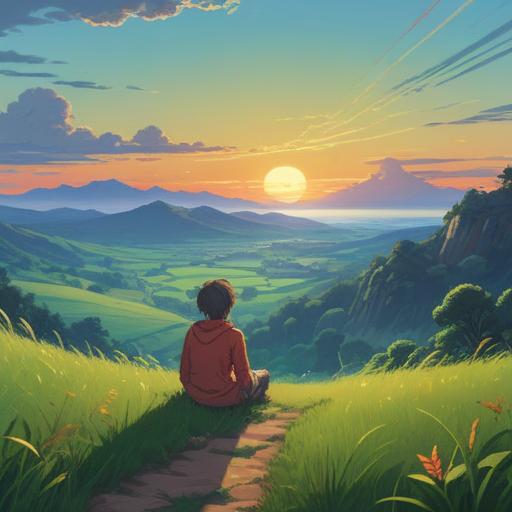 A serene landscape depicting a person seated on a grassy hill, gazing at a winding path leading towards a bright horizon, reflecting on thoughts and emotions, gentle sunlight filtering through trees, symbols of clarity and hope portrayed in the sky, vibrant colors, peaceful atmosphere, metaphorical journey, 4k