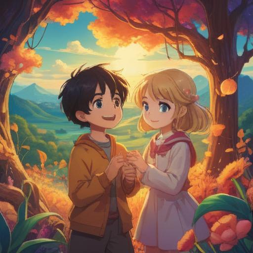 A serene dreamscape, two childhood friends reuniting in a vibrant, ethereal setting, soft golden light illuminating their joyful expressions, symbolizing nostalgia and connection, surrounded by whimsical elements like floating butterflies and gentle clouds, a peaceful background with lush greenery, 4k