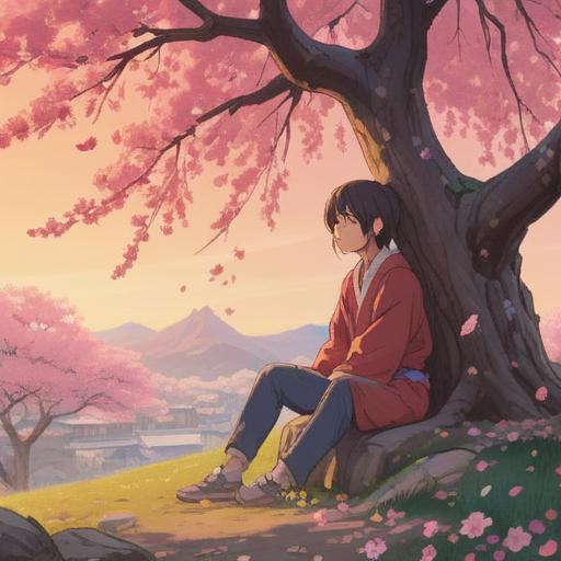 A serene illustration depicting a person sitting alone under a cherry blossom tree, soft petals falling around them, a gentle breeze, ethereal light filtering through the branches, a subtle glow representing spiritual signs, visual symbols of friendship like faint silhouettes of old friends in the background, nostalgic atmosphere, warm colors, peaceful mood, 4k