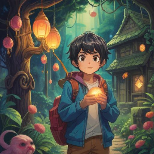 A whimsical illustration of a person holding a lucky charm, vibrant colors, emotional expression, reflecting nostalgia, surrounded by memories of childhood friends, soft light filtering through trees, enchanting atmosphere, symbolizing friendship, 4k