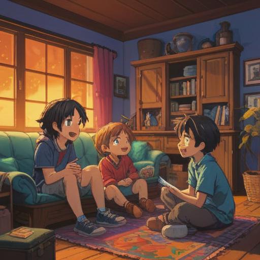A warm scene depicting a group of childhood friends sitting together in a cozy living room, sharing laughter and memories, soft light illuminating their faces, nostalgic decorations on the walls, heartfelt expressions of joy and connection, a photo album on the table, symbolizing their deep bond, emotional atmosphere, 4k
