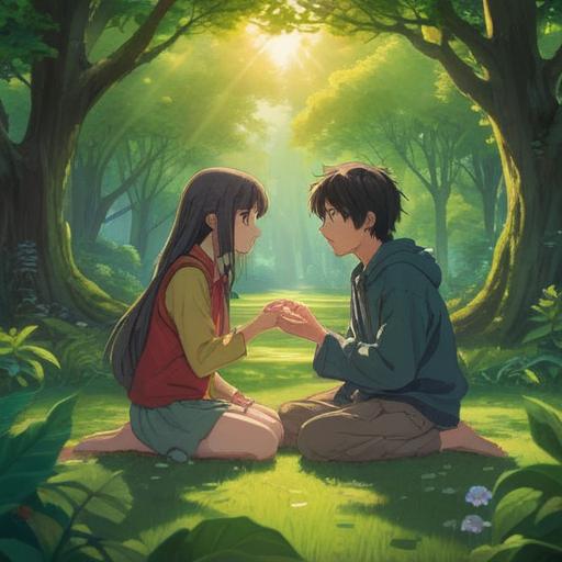 A serene scene depicting two old friends reuniting, surrounded by a lush green park, sunlight filtering through the trees, joyful expressions, embracing each other warmly, soft golden aura around them, symbolism of spiritual connection, bright blue sky, gentle breeze, feeling of nostalgia and happiness, vibrant colors, 4k