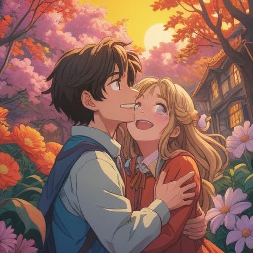 A heartwarming scene of a joyful reunion, two friends embracing with big smiles, surrounded by blooming flowers and soft sunlight, capturing the warmth of friendship, a serene park background, light breezes gently moving through the trees, vivid colors, emotional expressions, 4k