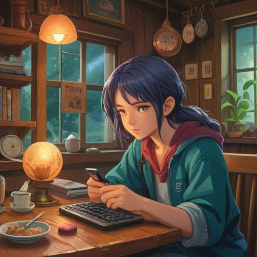 A cozy scene depicting an old friend texting, bright and cheerful atmosphere, vintage-inspired objects around, lucky charm on the table, warm colors, soft lighting, capturing nostalgia and happiness, a smartphone glowing with a message, a cup of tea beside it, inviting ambiance, 4k