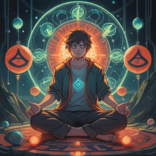 A serene and ethereal scene depicting a person sitting cross-legged in meditation, surrounded by glowing orbs representing spiritual signs, a soft light illuminating the face, gentle forest background with trees whispering secrets, a faint aura around the character, tranquil expression, vivid colors, harmonious atmosphere, meaningful symbols in the orbs, 4k