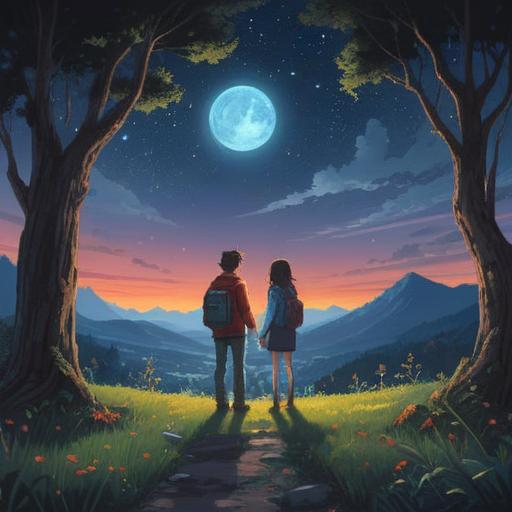 A serene and mystical landscape, a dreamlike scene depicting two old friends reuniting under a starry sky, glowing orbs of light symbolizing spiritual guidance, ethereal atmosphere, trees whispering secrets, reflections on a calm lake, vibrant colors, a sense of peace and connection, 4k