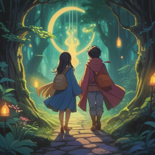 A dreamlike scene of a reunion with an old friend, ethereal glow surrounding them, symbols of spirituality in the background, soft light filtering through trees, warm smiles reflecting nostalgia, floating orbs representing spiritual signs, surreal landscape, gentle colors, emotional connection, 4k