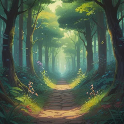 A serene landscape depicting a path leading through a dreamy forest, ethereal light filtering through the trees, symbolic representations of thoughts floating like clouds, a figure meditating peacefully by a tranquil stream, elements of nature harmonizing with the mind, vibrant yet calming colors, reflective atmosphere, a sense of inner peace and clarity, 4k