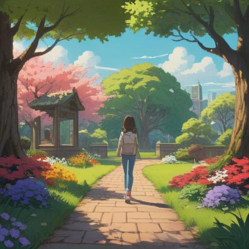 A serene park scene in spring, a person spotting an old friend from afar, expressions of surprise and joy, sunlight filtering through blooming cherry blossom trees, a gentle breeze carrying petals, a sense of rekindling connections, warm and inviting atmosphere, vibrant colors, 4k