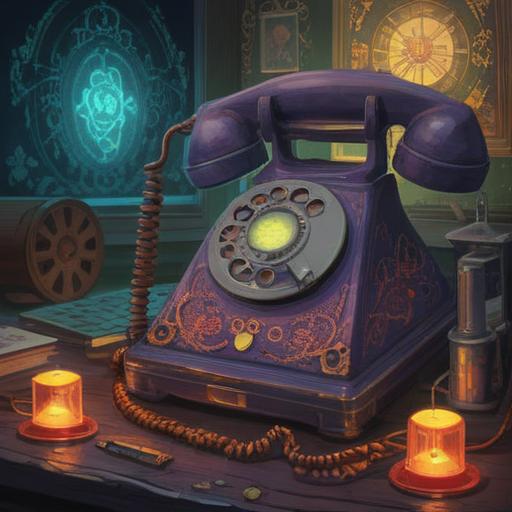 A mystical scene depicting an ethereal connection with the past, a vintage telephone glowing with energy, symbols of spirituality surrounding it, an otherworldly light illuminating the room, subtle signs like feathers and coins scattered around, an aura of nostalgia and intuition, serene atmosphere, hint of divine guidance, 4k