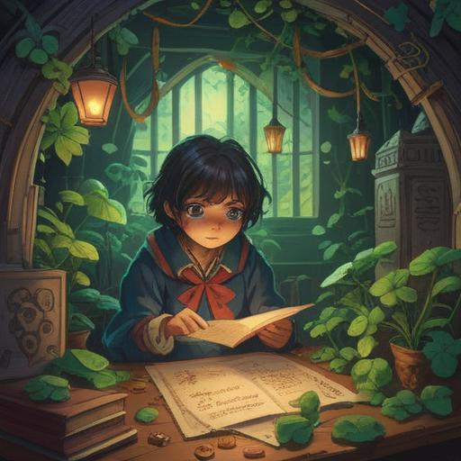 A vintage-inspired illustration, a person receiving an old letter, surrounded by symbols of good luck such as four-leaf clovers and lucky charms, warm color palette, soft light illuminating the scene, nostalgic atmosphere, intricate details in the background, emotional expression on the character's face, 4k