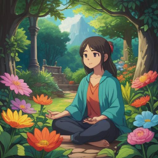 A serene and calming illustration of a person meditating in a tranquil garden, surrounded by vibrant flowers symbolizing growth and positivity, gentle sunlight filtering through the leaves, a soft breeze rustling the petals, an aura of peaceful energy and mindfulness, harmonious colors, uplifting atmosphere, 4k