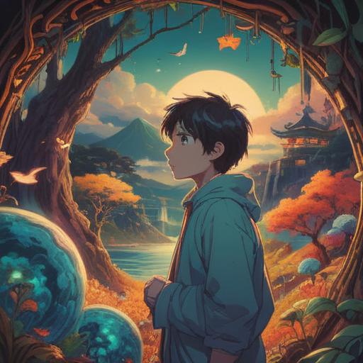 A person resembling my younger self, surrounded by ethereal light, symbolic elements representing spirituality, a serene expression conveying wisdom, soft flowing robes, mystical aura, peaceful natural setting, harmonious colors, the essence of self-reflection, 4k