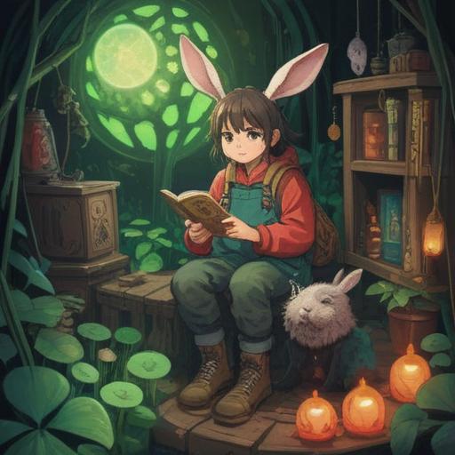 A person resembling my younger self appears, surrounded by lucky items, a glowing four-leaf clover, a rabbit's foot, shimmering coins, soft light illuminating the scene, emotions of surprise and joy, whimsical atmosphere, vibrant colors, magical realism, 4k