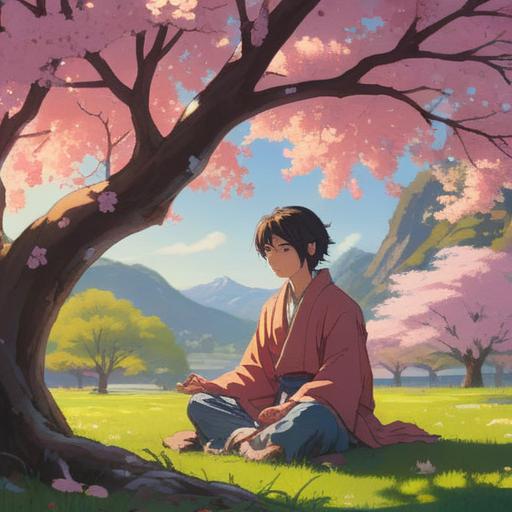 A serene landscape depicting a person meditating under a cherry blossom tree, soft sunlight filtering through the branches, vibrant petals falling gently, an ethereal aura surrounding the figure, symbols of peace and reflection in the background, a sense of tranquility and spiritual awakening, harmonious color palette, 4k