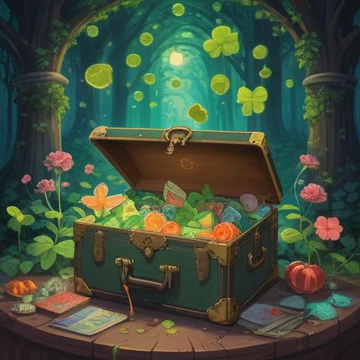 A surreal scene depicting a collection of lucky items representing cherished memories, vintage photograph albums scattered around, a glowing four-leaf clover in the center, a worn-out plush toy recalling childhood, vibrant colors highlighting nostalgia, soft light casting gentle shadows, evocative atmosphere, inviting viewers into a world of reminiscence, 4k