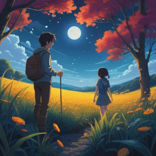 A dreamlike scene featuring a person meeting their long-lost love, illuminated by soft moonlight, surrounded by a field of glowing dreamy stars, with a lucky charm symbolizing hope and nostalgia in the foreground, gentle pastel colors, serene expression, ethereal atmosphere, 4k