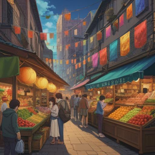 A detailed scene of a bustling market square, vibrant stalls filled with colorful fruits and vegetables, people engaging in conversation, a variety of goods and crafts on display, lively atmosphere, harmonious interactions, bright sunlight casting warm shadows, inviting community vibe, 4k