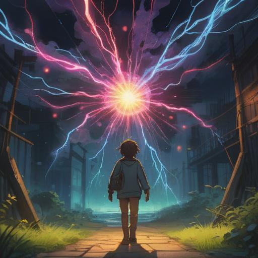 A mystical representation of static electricity, vibrant energy sparks, ethereal light surrounding a person, feelings of connection and enlightenment, nature elements like trees and water enhancing the atmosphere, symbols of positive transformation and spiritual awakening, a serene and uplifting environment, 4k