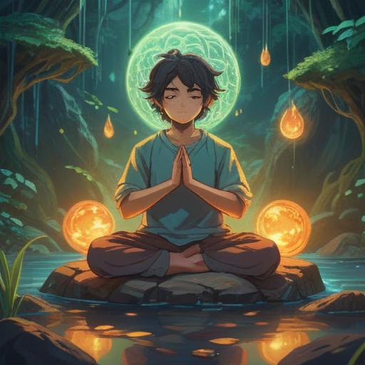 A serene and calming scene, featuring a person meditating with a glowing lucky stone in their hand, surrounded by ethereal energy waves representing spiritual protection against static electricity, soft pastel colors, harmonious nature background with gentle trees and flowing water, a sense of tranquility and healing energy, 4k