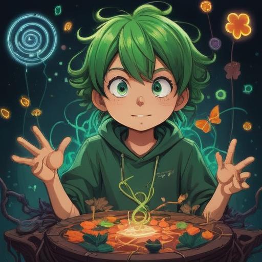 A whimsical illustration of a person surrounded by static electricity, various lucky items like a four-leaf clover, horseshoe, and a lucky charm floating around them, bright sparkles and electrical arcs in the air, cheerful expression, energetic atmosphere, vibrant color palette, 4k