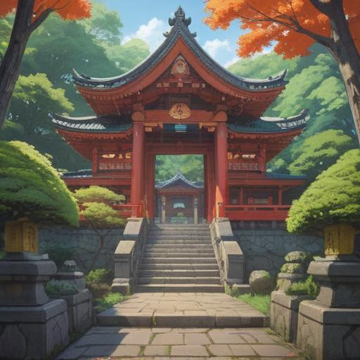 A serene illustration of Shizuoka Asama Shrine, spiritual significance, lush greenery surrounding the shrine, traditional Japanese architecture with ornate details, tranquil atmosphere, sacred Torii gate, reflection of still water, soft sunlight filtering through the trees, 4k