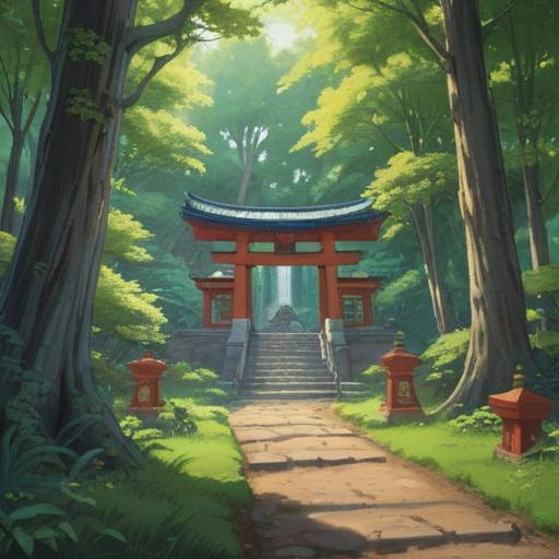 A serene depiction of Shizuoka Asama Shrine, lush green surroundings, a tranquil atmosphere, sunlight filtering through trees, spiritual symbols in the architecture, visitors experiencing a moment of reflection, vibrant fall foliage, peaceful aura, harmonious balance between nature and spirituality, 4k