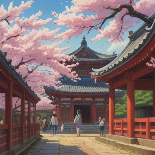 A serene scene at Shizuoka Asama Shrine, visitors observing spiritual signs, cherry blossoms in bloom, tranquil atmosphere, ancient torii gate, soft sunlight filtering through the trees, stone path leading to the shrine, respectful gestures, meditative mood, 4k