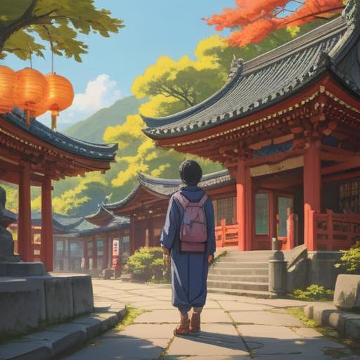 A tranquil scene at Shizuoka Asama Jinja Shrine, featuring a serene visitor holding a lucky charm, soft morning light filtering through the trees, traditional Japanese architecture in the background, gentle breeze rustling the leaves, symbolic elements of good fortune, peaceful atmosphere, intricate details of the charm, vibrant colors capturing the essence of a spiritual journey, 4k