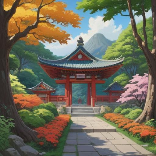 A serene and picturesque depiction of Shizuoka Asama Shrine, surrounded by lush green trees and vibrant flowers, traditional Japanese architecture with intricate details, peaceful atmosphere, a gentle pathway leading to the shrine, visitors admiring the beauty, sunlight filtering through the leaves, 4k