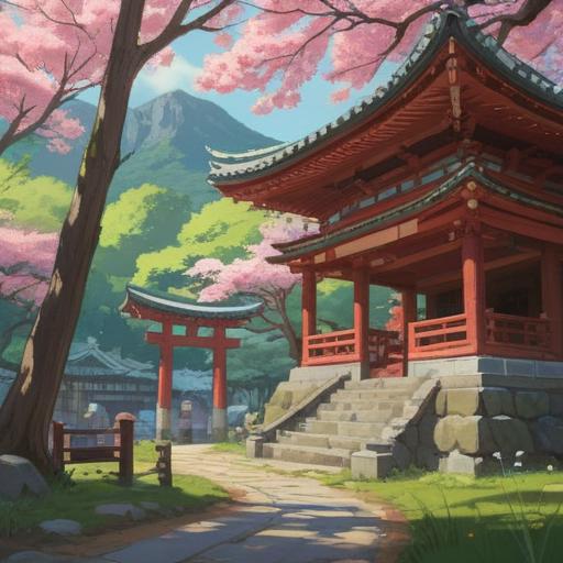 A serene and tranquil scene of Aoshima Shrine surrounded by lush nature, vibrant green trees framing the shrine, delicate cherry blossoms blooming, a gentle stream flowing nearby, the peacefulness of the atmosphere reflecting spiritual significance, soft sunlight filtering through leaves, traditional Japanese architecture, a sense of harmony and spirituality, 4k