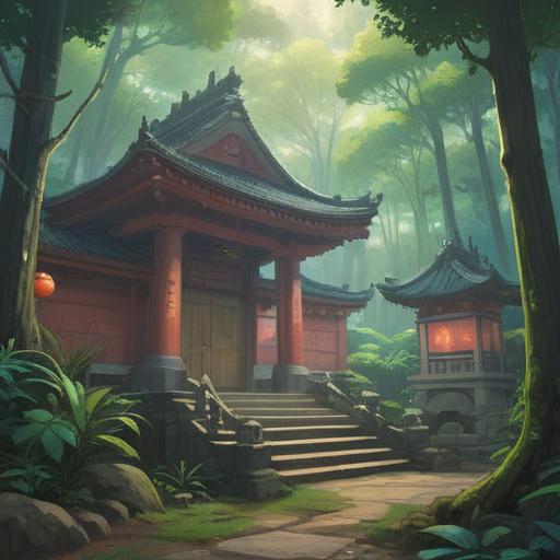 A serene landscape of Aoshima Shrine, surrounded by lush greenery, mist gently rising from the ground, ethereal light filtering through the trees, glowing symbols of good fortune and prosperity, tranquil water reflecting the shrine's architecture, peaceful atmosphere, inviting pathway leading to the shrine, 4k