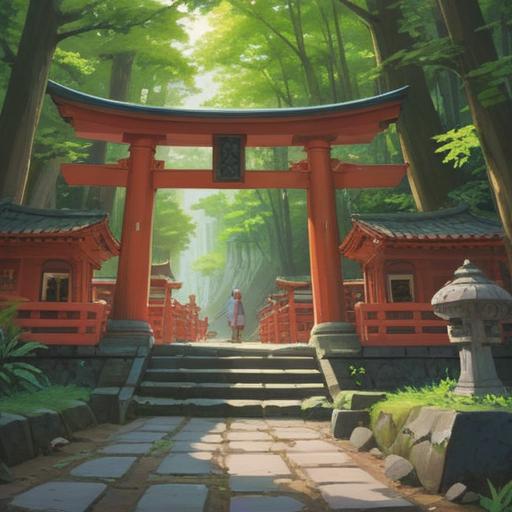 A serene Japanese shrine scene, visitors leaving Aoshima Shrine, carrying lucky charms, traditional architecture, sacred atmosphere, vibrant green surroundings, soft sunlight filtering through leaves, people smiling and sharing their experiences, meaningful symbols of luck, 4k