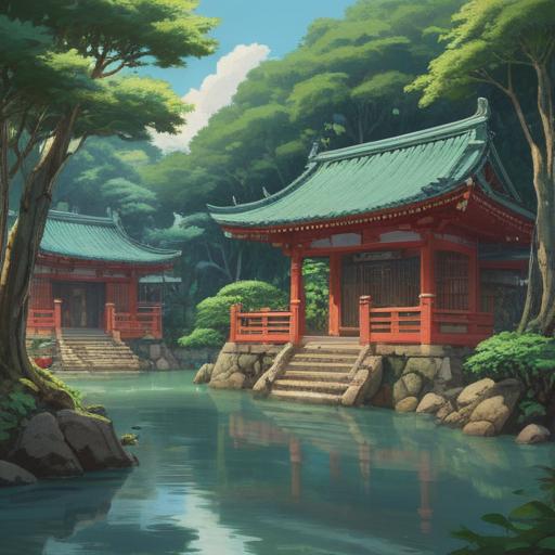 A serene illustration of Aoshima Shrine, surrounded by lush greenery, tranquil waters reflecting the sky, visitors engaging in spiritual practices, traditional Japanese architecture with intricate details, a sense of calmness and connection to nature, soft light filtering through the trees, vibrant colors, 4k
