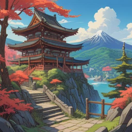 A vivid landscape of Aomori Prefecture after witnessing a dragon, bright blue sky, distant mountains, a traditional Japanese temple, lucky items scattered around, like amulets and wish stones, shimmering in sunlight, serene atmosphere, rich colors, intricate details, 4k