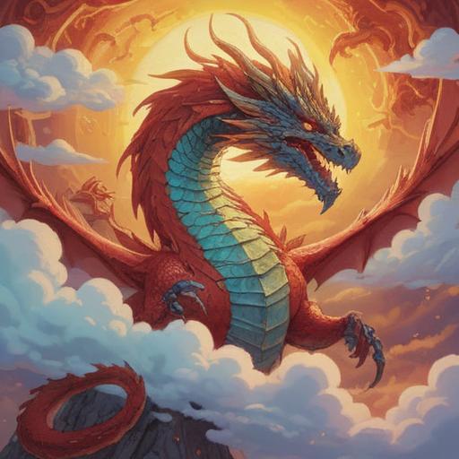 A dragon emerging from the clouds, surrounded by shimmering golden light, symbolizing luck and prosperity, intricate scales reflecting vibrant colors, serene landscape below with cherry blossom trees, a mystical aura, characters in awe witnessing the spectacle, 4k