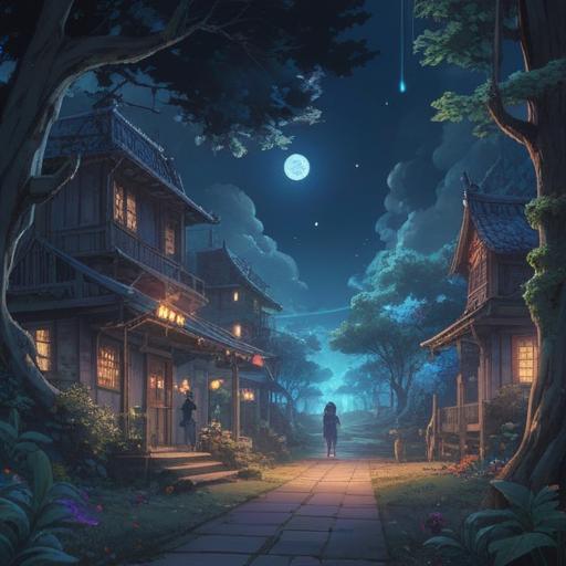 A serene night scene illuminated by blue light, shimmering energy radiating from the sky, ethereal spirits dancing in the glow, symbols of peace and harmony, tranquil environment, a calm lake reflecting the blue illumination, soft clouds drifting overhead, mystical ambiance, 4k