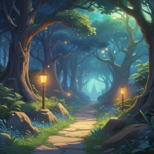 A serene landscape bathed in blue light, a winding path illuminated by soft azure glow, trees lining the way, a sky filled with twinkling stars, a sense of tranquility and guidance, a figure walking confidently toward the horizon, reflections of light on the path, harmonious atmosphere, 4k
