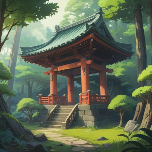A serene and mystical illustration of Aotama Shrine, lush green surroundings, ethereal light filtering through trees, traditional Japanese architecture, a tranquil atmosphere, symbolic elements representing spirituality, peaceful shrine grounds, gentle flowing water nearby, harmonious connection with nature, vibrant colors, detailed textures, enchanting ambiance, 4k