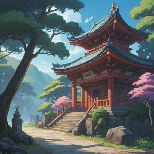 A serene landscape showcasing the Aotama Shrine, mystical atmosphere, soft blue hues, ethereal light filtering through trees, symbolic elements representing spiritual signs, peaceful setting with traditional shrine architecture, nature in harmony, gentle breeze rustling leaves, inviting path leading to the shrine, tranquil and uplifting vibes, 4k