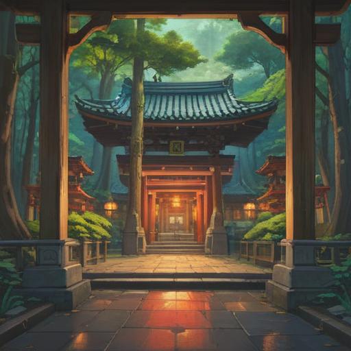 A serene depiction of Aoyama Shrine, spiritual symbols subtly integrated, visitors observing the surroundings, ethereal light filtering through trees, Japanese architecture and nature harmoniously blending, a sense of tranquility and spirituality, detailed atmosphere, 4k