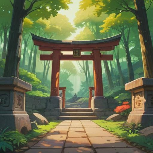 A serene scene at Aoishi Shrine after a visit, vibrant green trees surrounding the shrine, a gentle breeze rustling leaves, a person smiling while holding a lucky charm, sunlight filtering through branches, traditional Japanese architecture, peaceful atmosphere, 4k