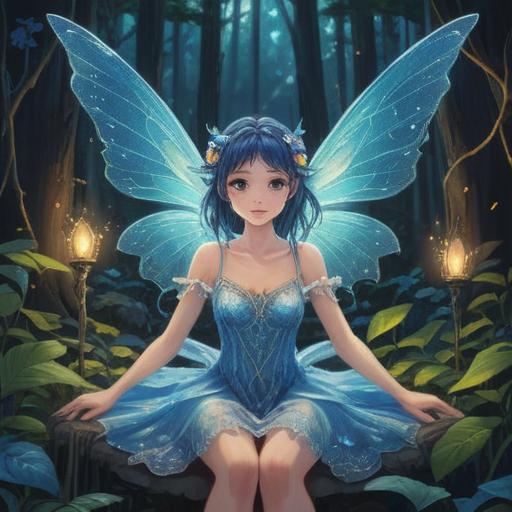 A mystical blue fairy with shimmering wings, surrounded by ethereal light, symbolizing hope and spiritual guidance, in a lush enchanted forest, vibrant flowers blooming around her, gentle rays of sunlight filtering through the trees, serene and magical atmosphere, representing transformation and dreams, intricate details in her attire, harmonious colors, 4k