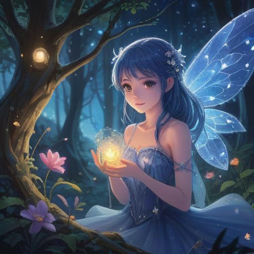 A mystical blue fairy surrounded by shimmering light, ethereal aura, sparkling stars, enchanting forest background, gentle glow, conveying positive energy, spiritual symbols, tranquil atmosphere, serene expression, 4k