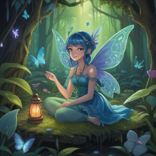 A whimsical scene featuring a blue fairy surrounded by various lucky items, sparkling magical aura, lush green forest background, glowing talismans and charms, enchanting atmosphere, playful expression on the fairy's face, intricate details on the lucky items, vibrant colors, fantasy illustration, 4k